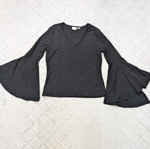 Anthropologie Postmark Shirt Women's L Black Andie Bell Sleeve Top V-Neck Boho